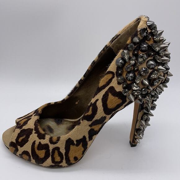 Sam Edelman Lorissa Heels Leopard Print Stud Spiked Pony Hair Peep Toe Size 6 - Picture 9 of 13